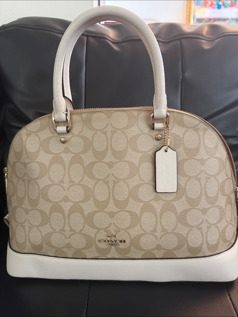 Coach Beige Signature Dome Satchel with Cream Trim
